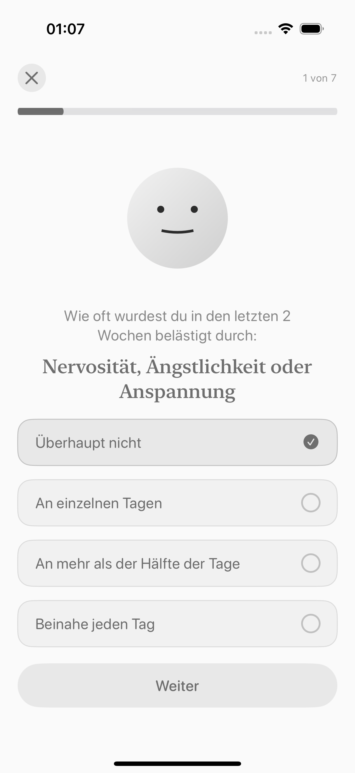 GAD-7-Check-in in Balmi mit einer Frage und Antwortmöglichkeiten
