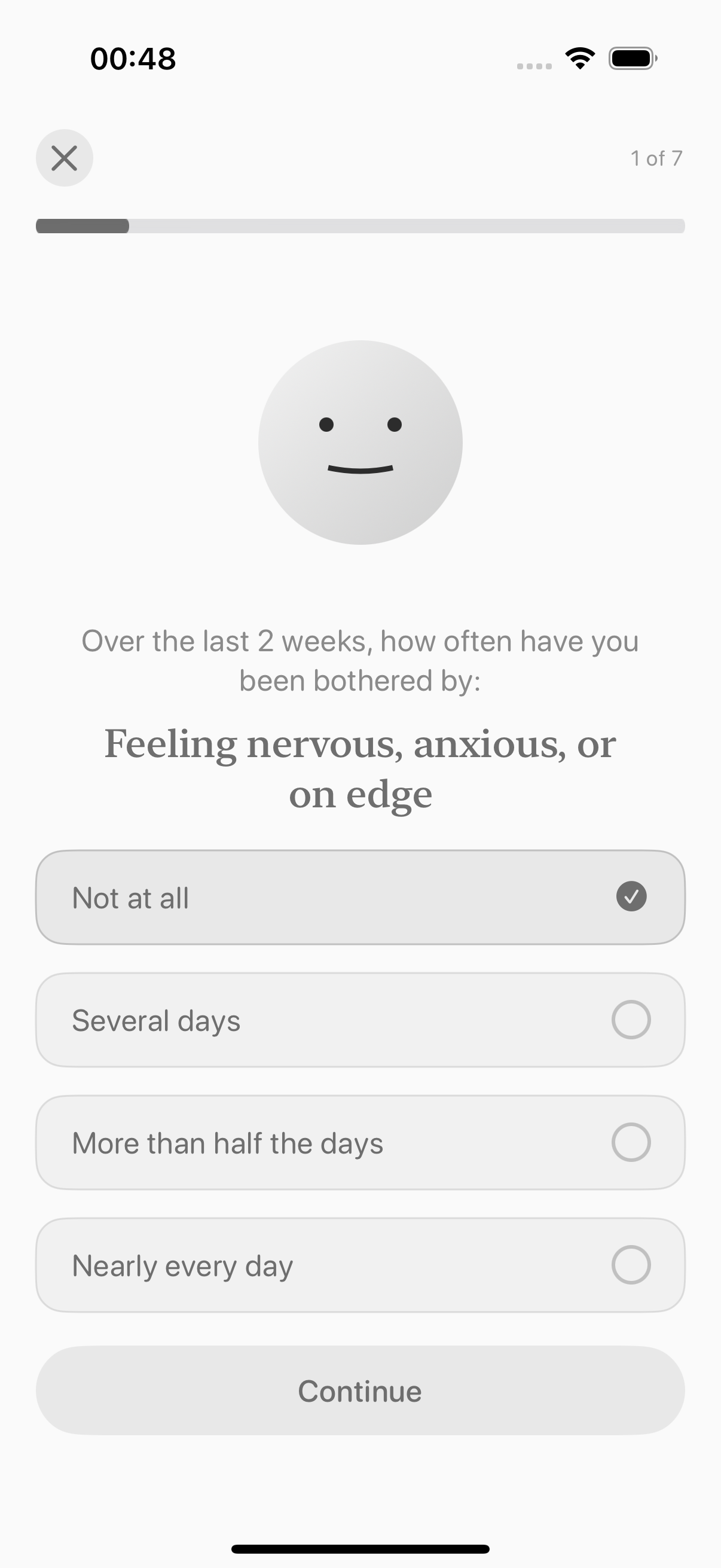 Balmi GAD-7 check-in with a question and answer choices