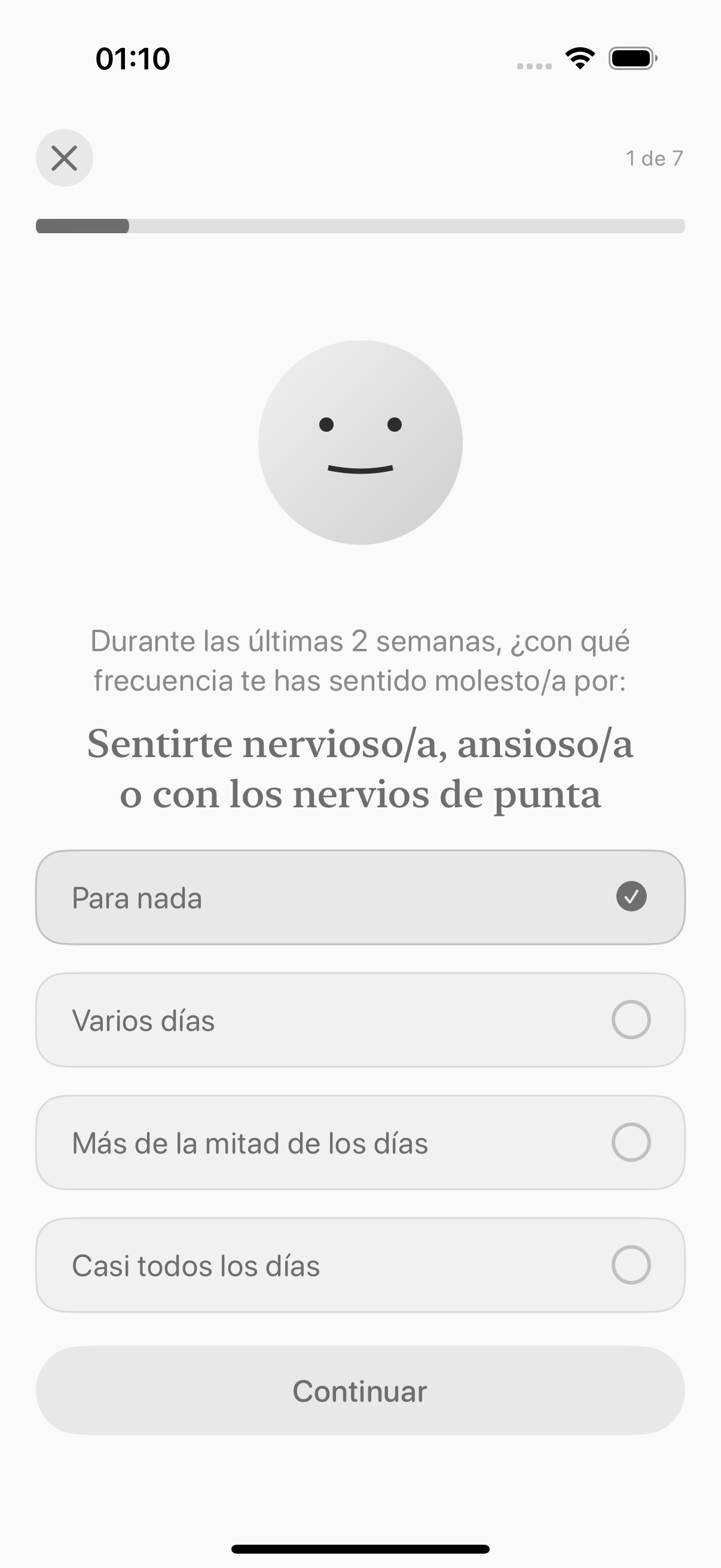 Evaluación GAD-7 de Balmi con una pregunta y opciones de respuesta