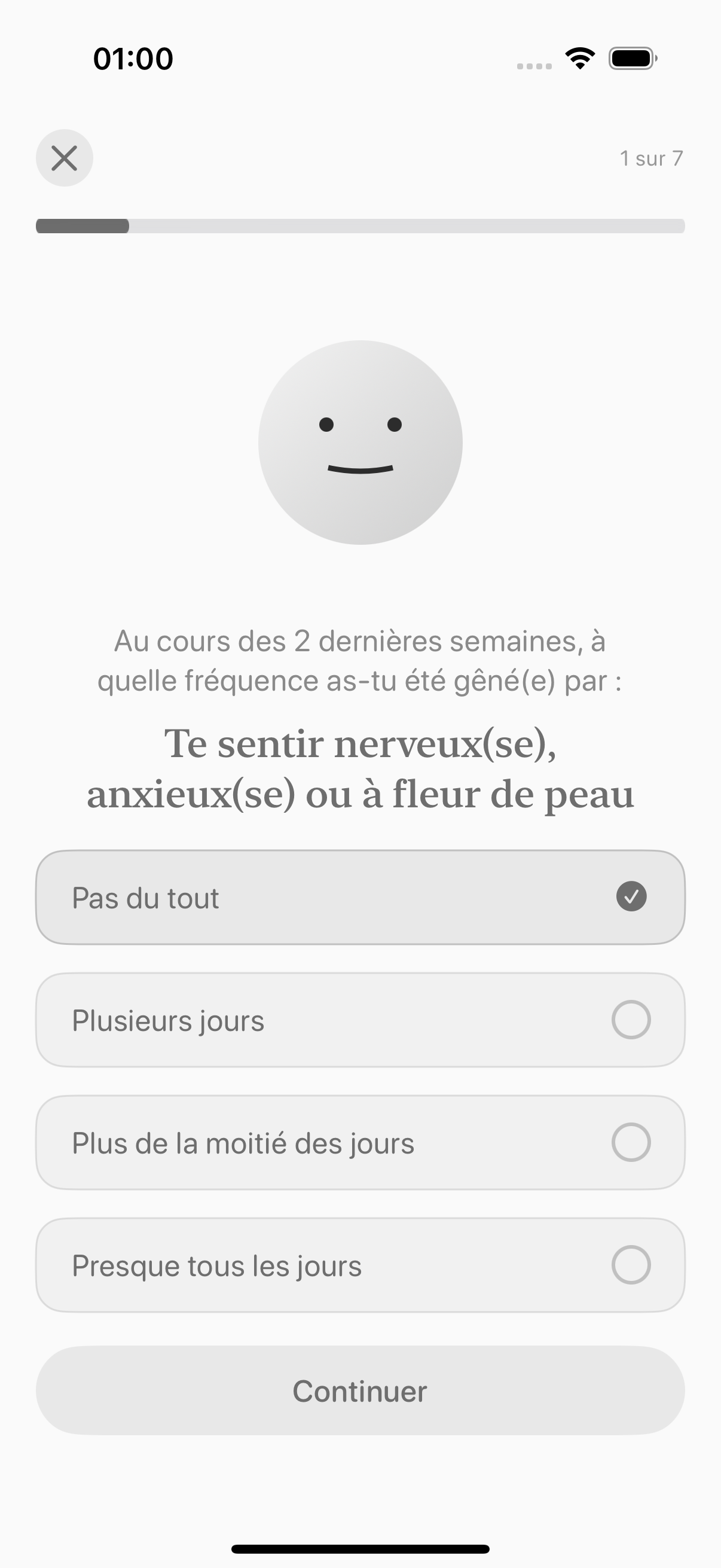 Bilan GAD-7 dans Balmi avec une question et les choix de réponse
