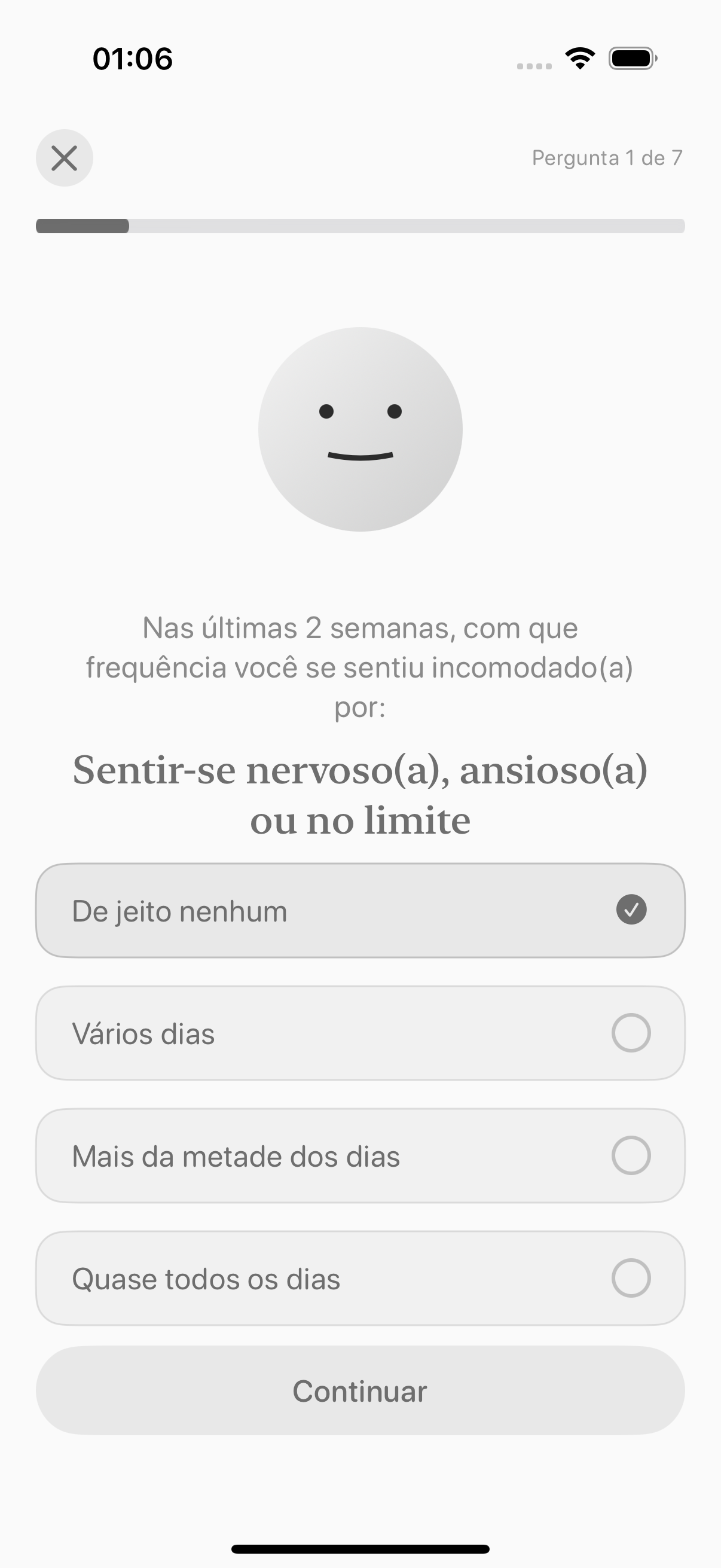 Avaliação GAD-7 no Balmi com uma pergunta e opções de resposta