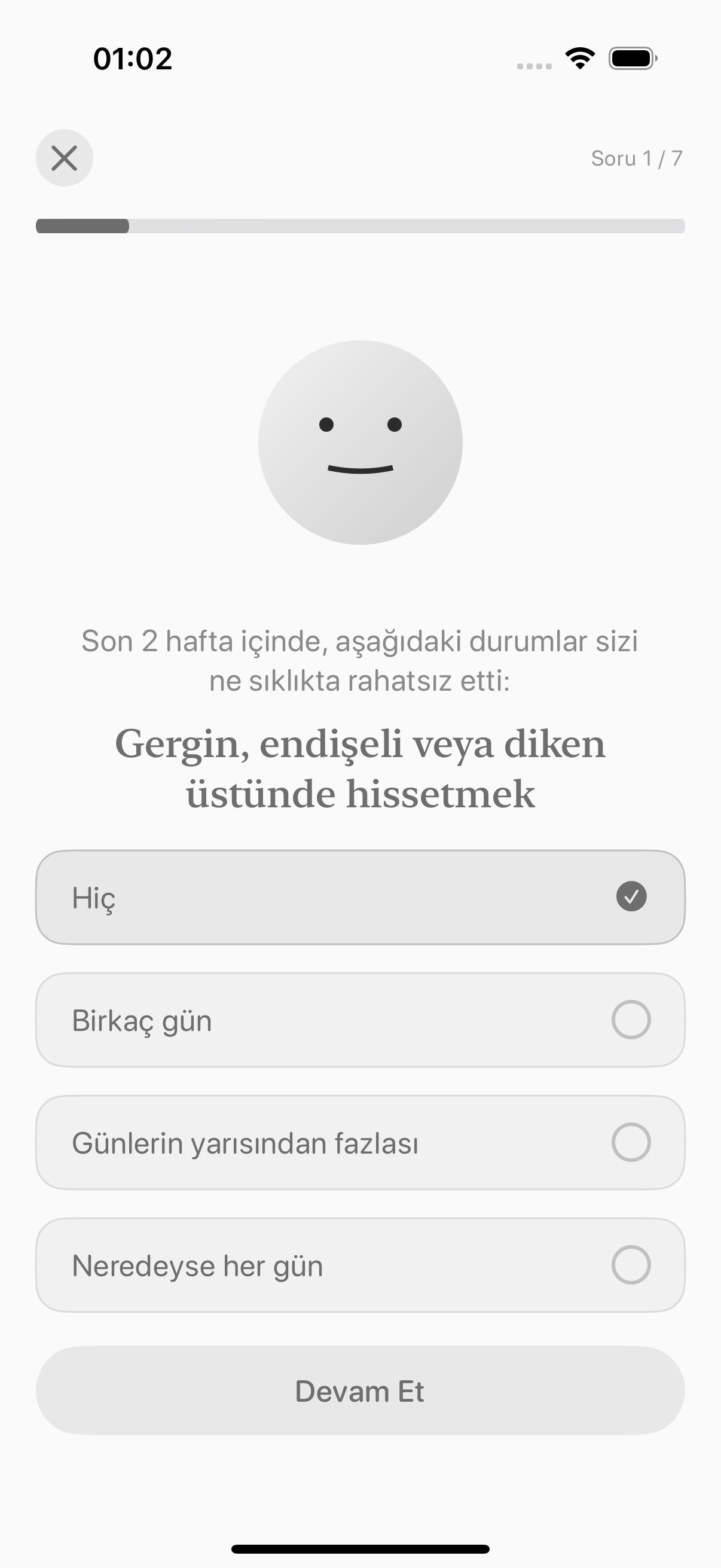 Balmi GAD-7 değerlendirmesinde bir soru ve yanıt seçenekleri