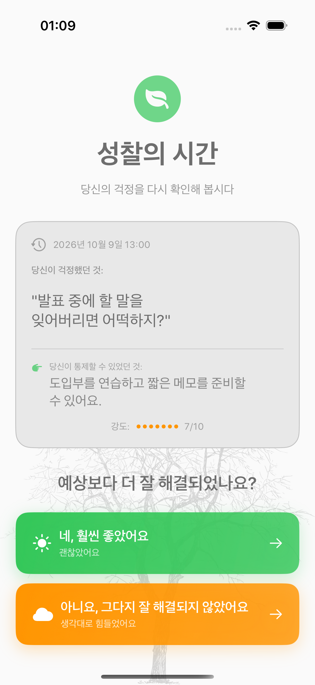 걱정의 실제 결과를 기록하는 Balmi 되돌아보기 화면