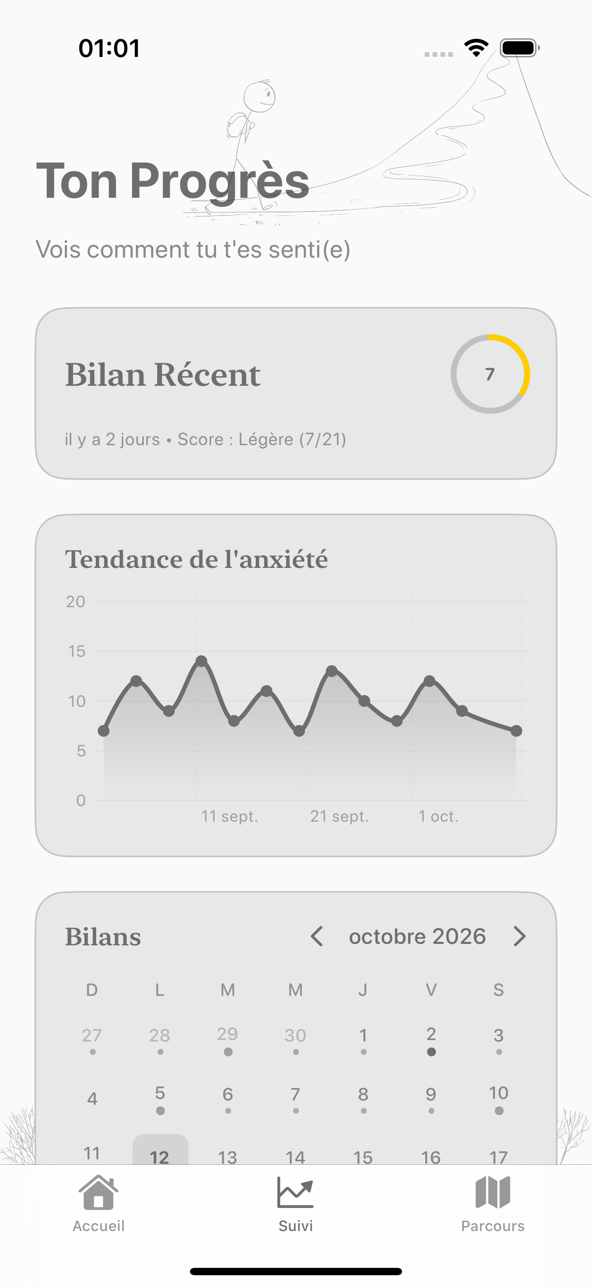 Tableau de suivi Balmi avec les scores d’anxiété et le calendrier des bilans
