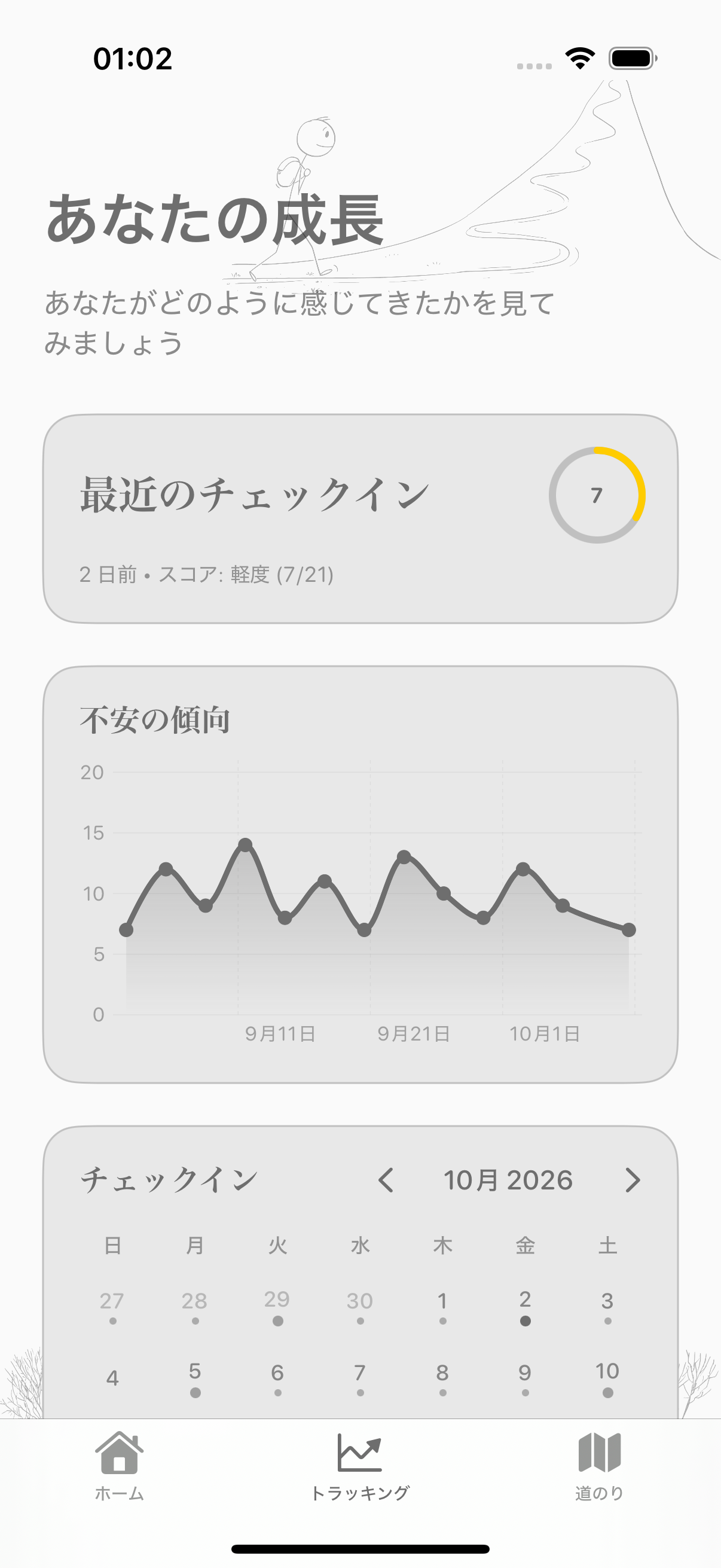 不安スコアの推移とチェックインのカレンダーを表示するBalmiのトラッキング画面