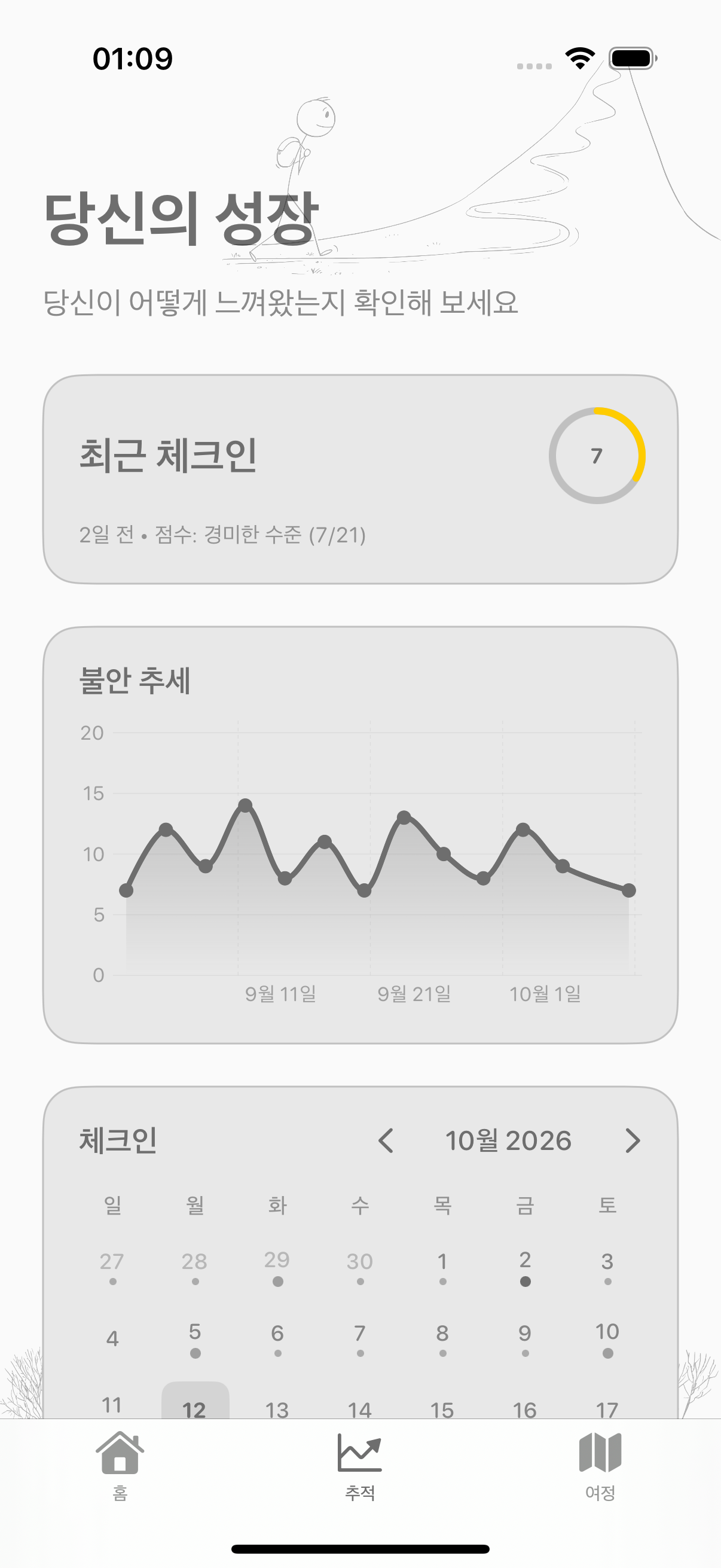 불안 점수의 변화와 체크인 달력을 보여 주는 Balmi 추적 대시보드