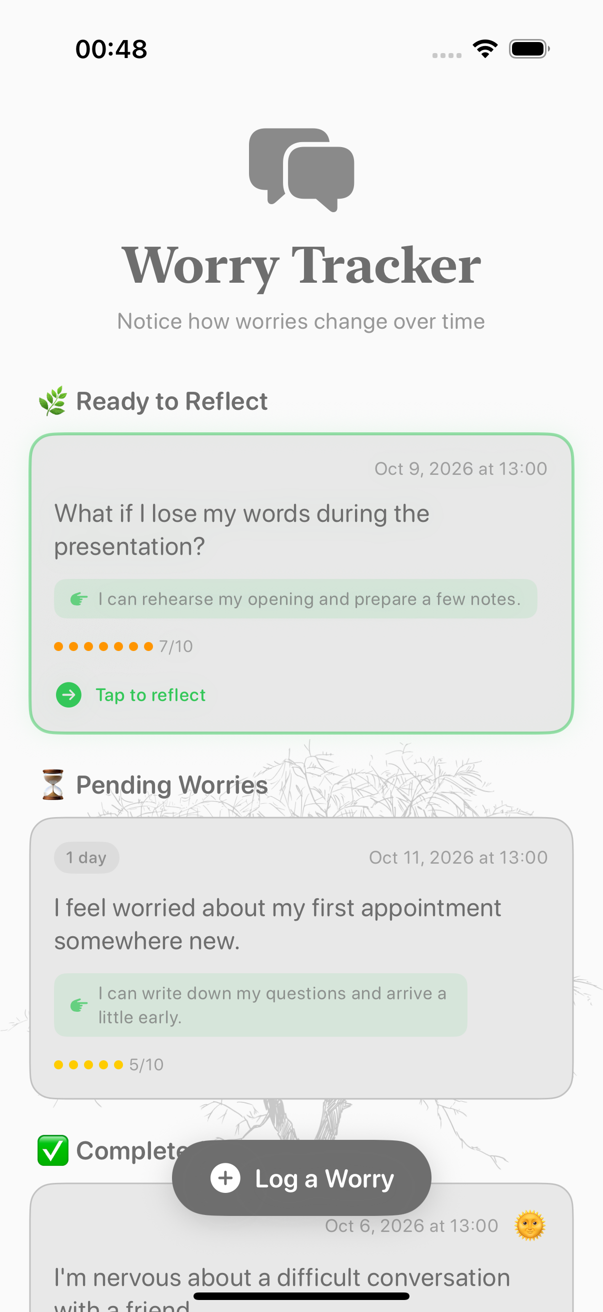 Balmi worry journal showing worries and their intensity