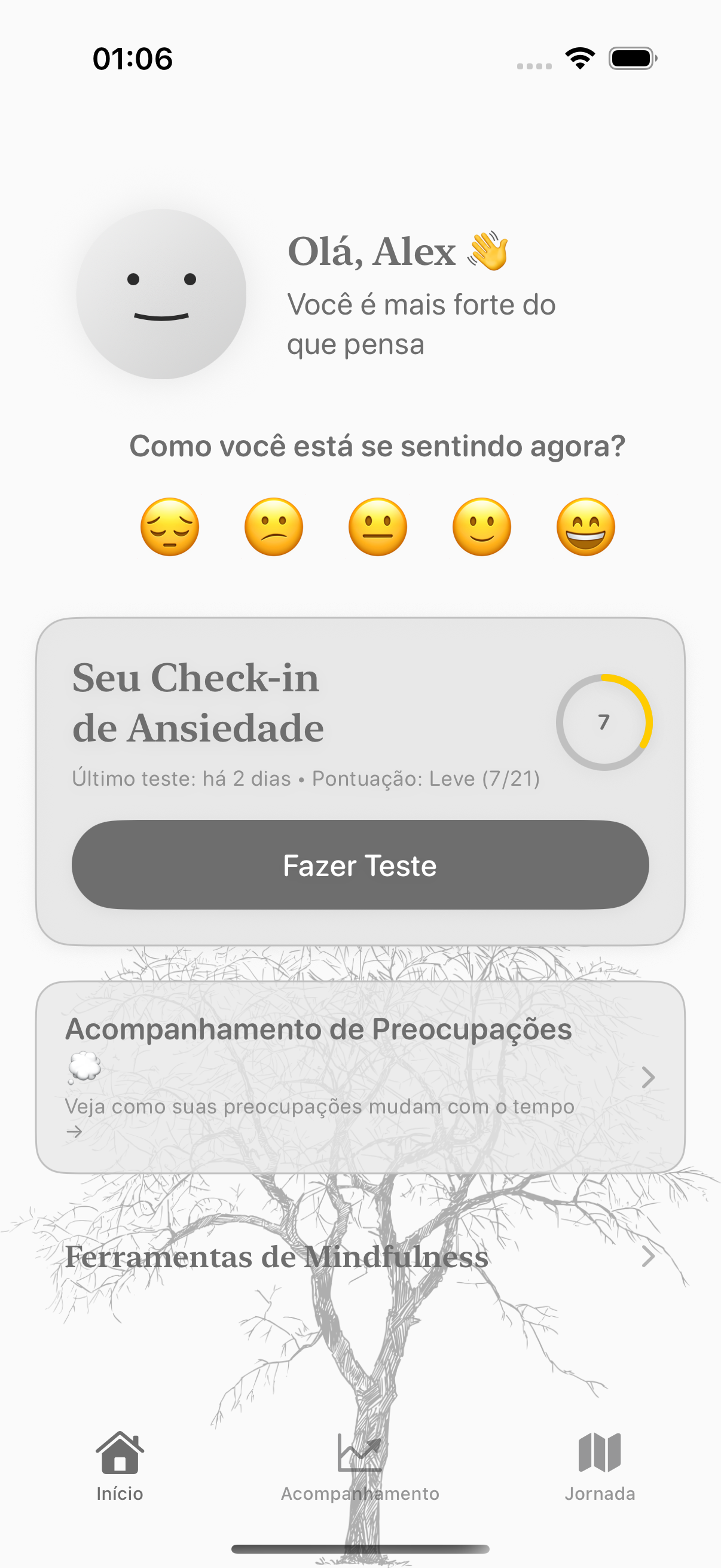 Tela inicial do Balmi com o companheiro, opções de humor e avaliação recente