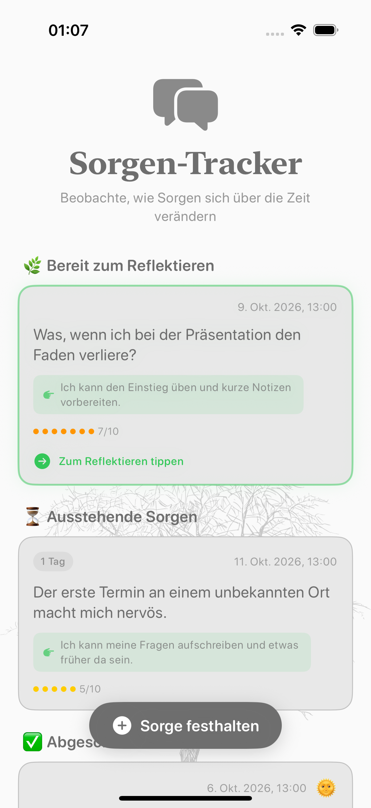 Balmi-Sorgenjournal mit Sorgen und ihrer Intensität